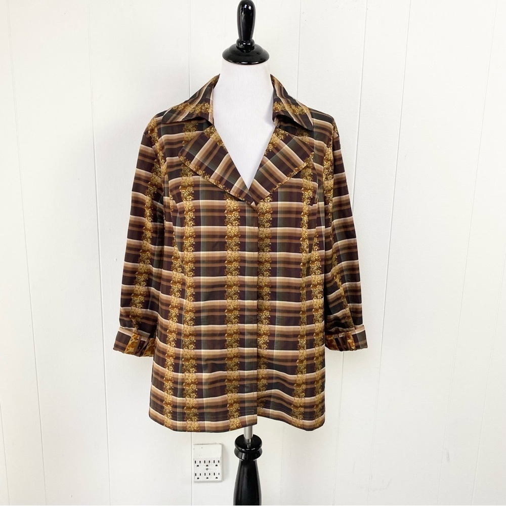 Austin Reed 70s VTG Plaid Paisley Print Button Up Blouse Size 16W Brown Gold - Picture 2 of 14